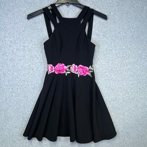 B. Darlin Dress Women's 3/4 Black Pink Floral Embroidered Fit Flare Sleeveless‎